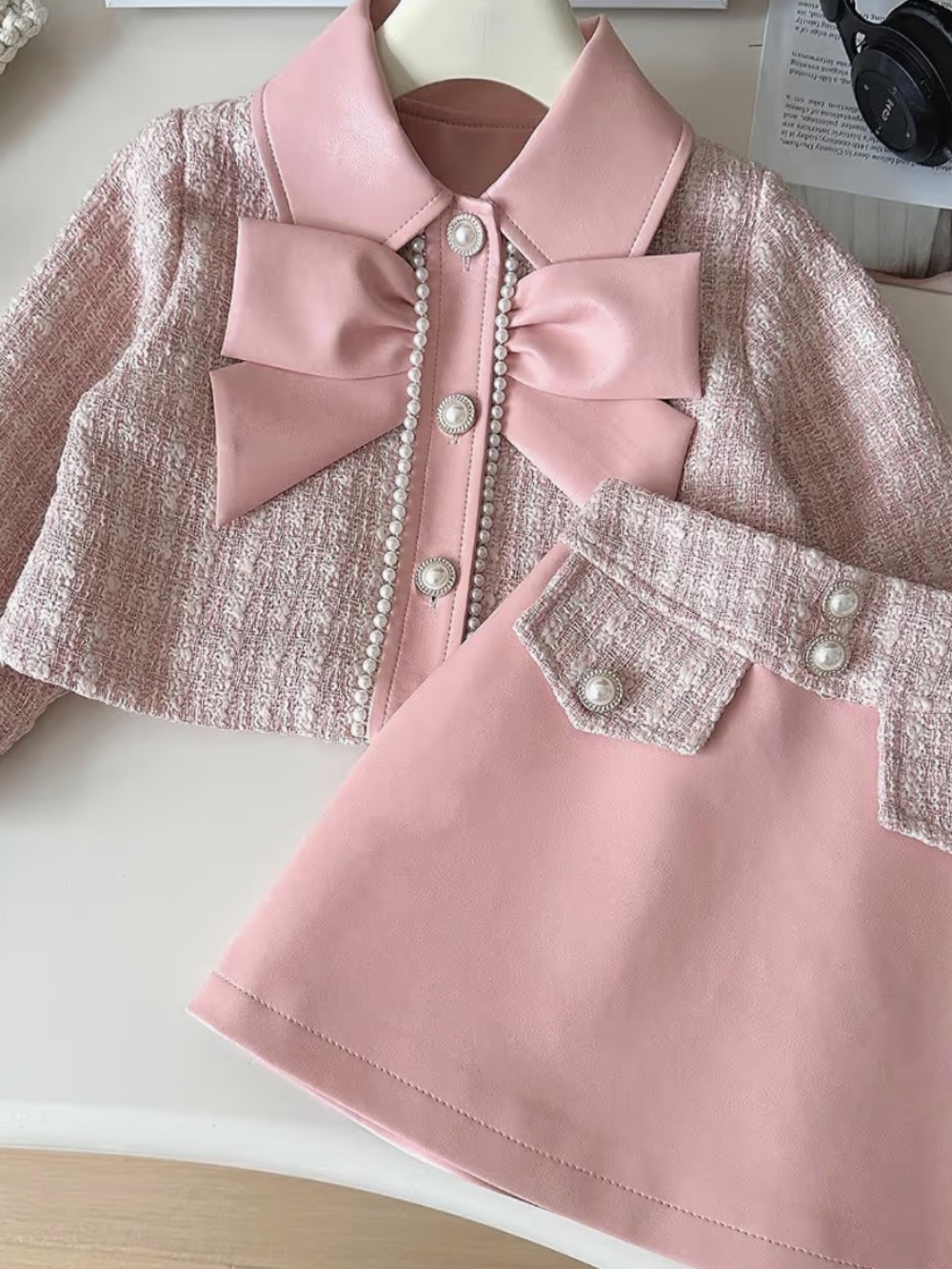 Pink Tweed Jacket & Skirt Set with Pearl Buttons